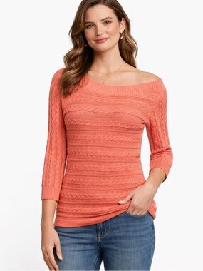 Chaps Cable Knit Sweater Small Orange Peach Linen Blend Lightweight Top